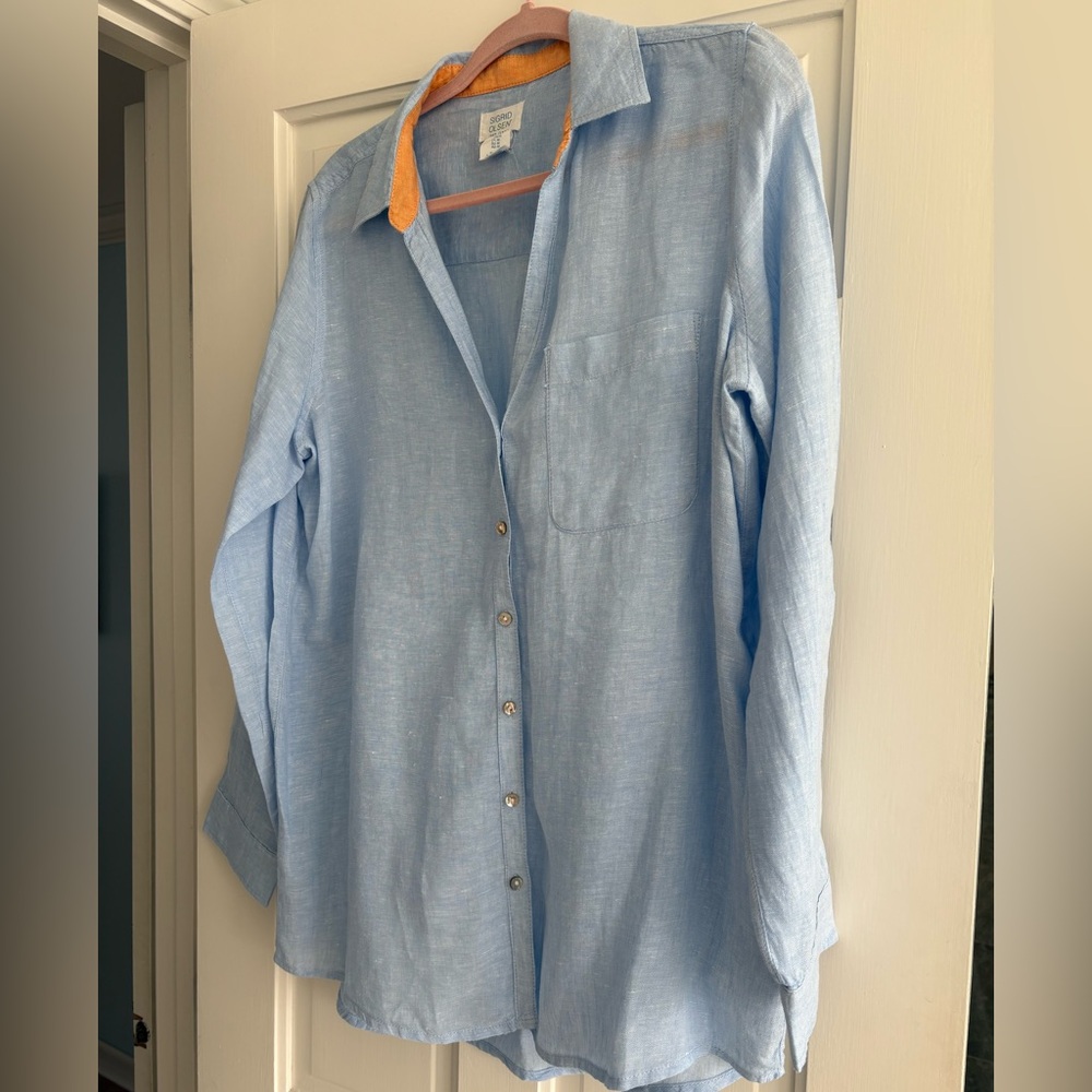 Sigrid Olsen Light Blue Linen Button-Up Shirt size M